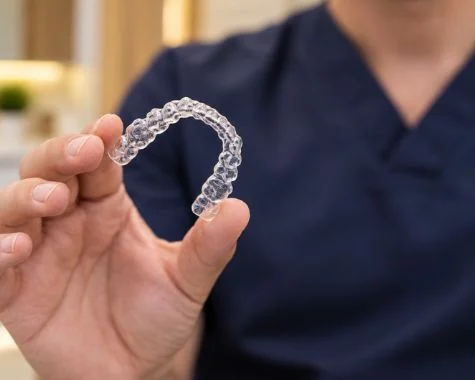 Alineador transparente en la mano del dentista