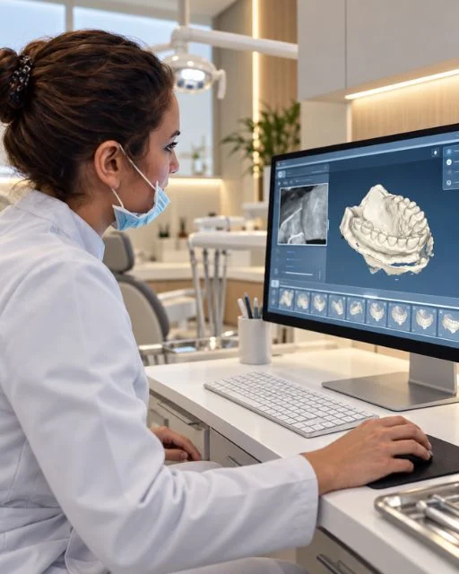 Dentista analizando un modelo dental en 3D en el ordenador