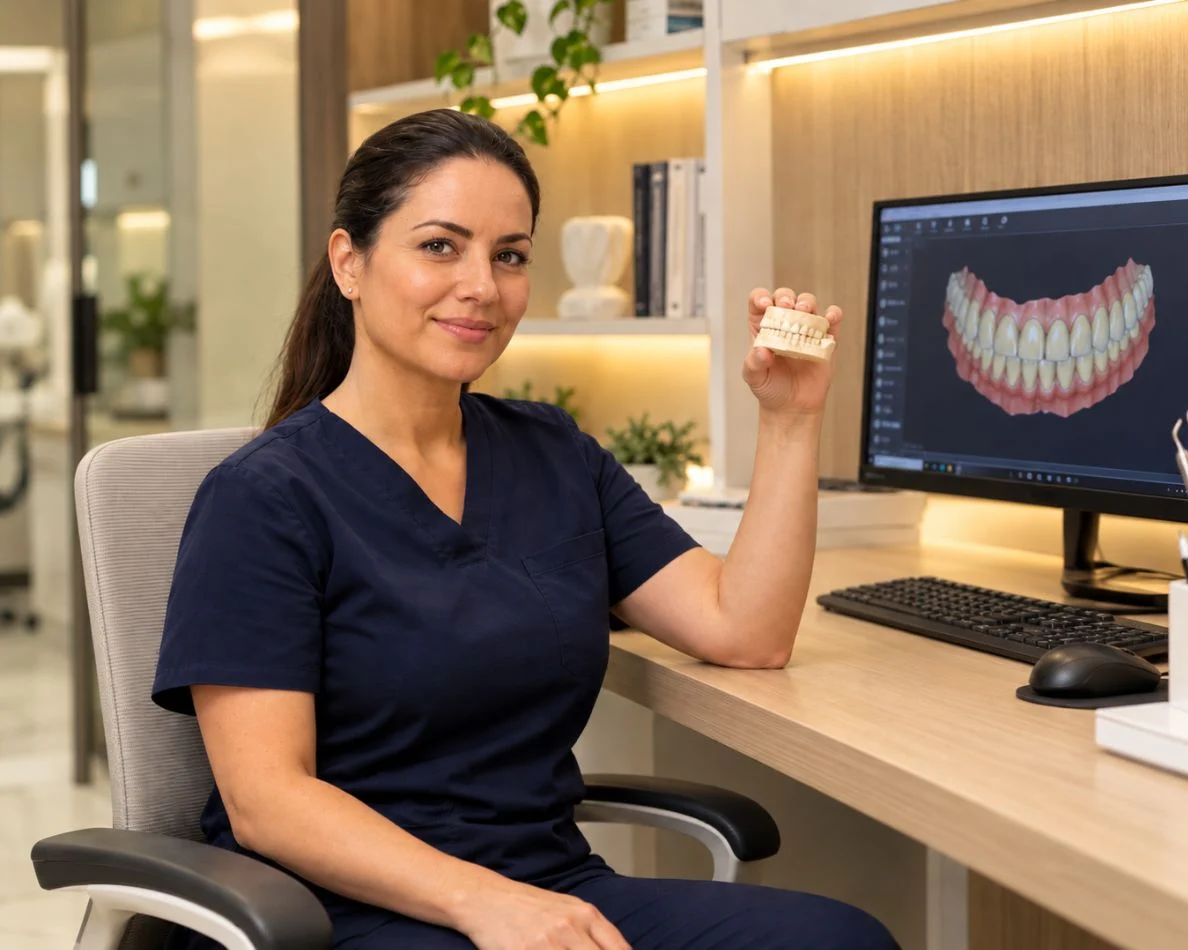 Dentista de Dentéa en su consulta junto a un modelo dental digital
