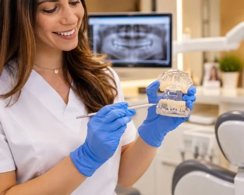 Dentista mostrando un alineador sobre un modelo dental