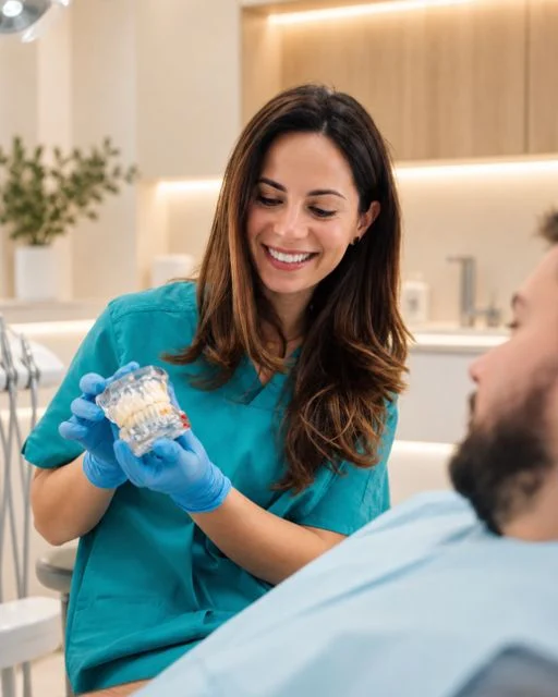 Dentista mostrando un modelo dental a un paciente