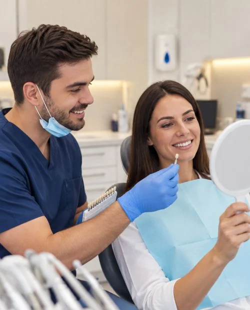 Dentista y paciente revisando el resultado con un espejo