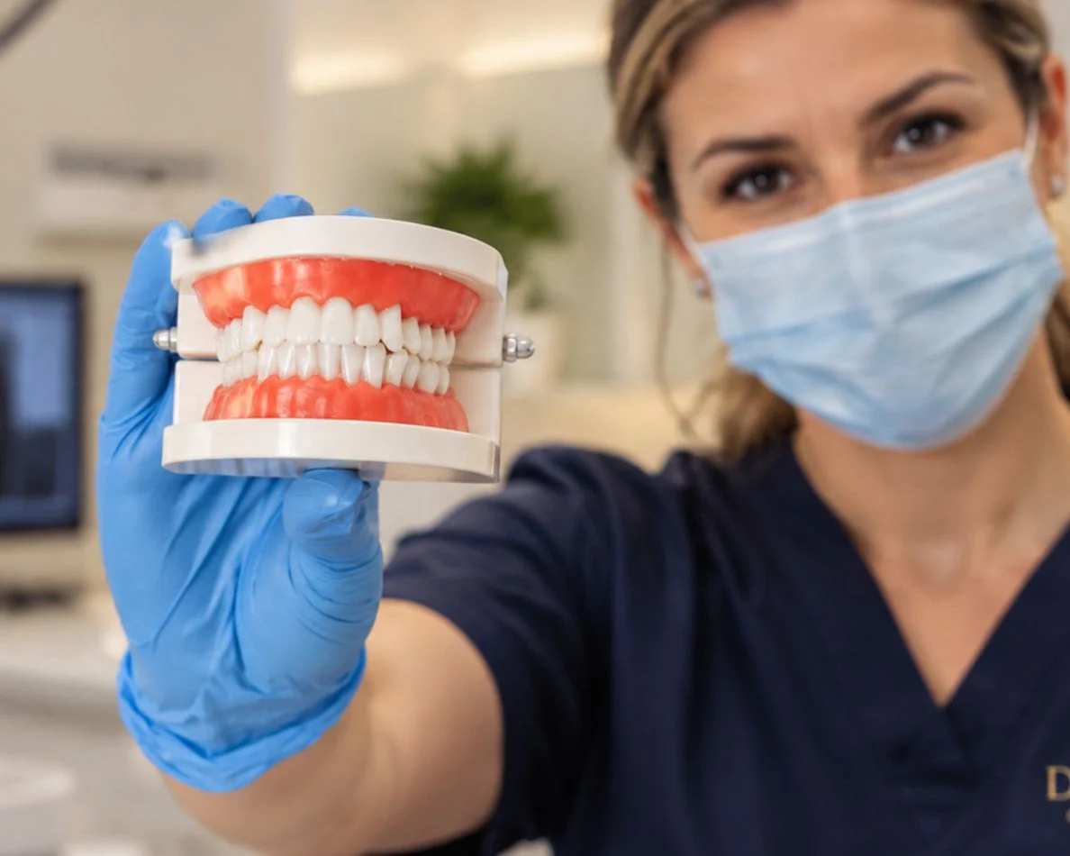 Dentista sosteniendo un modelo dental
