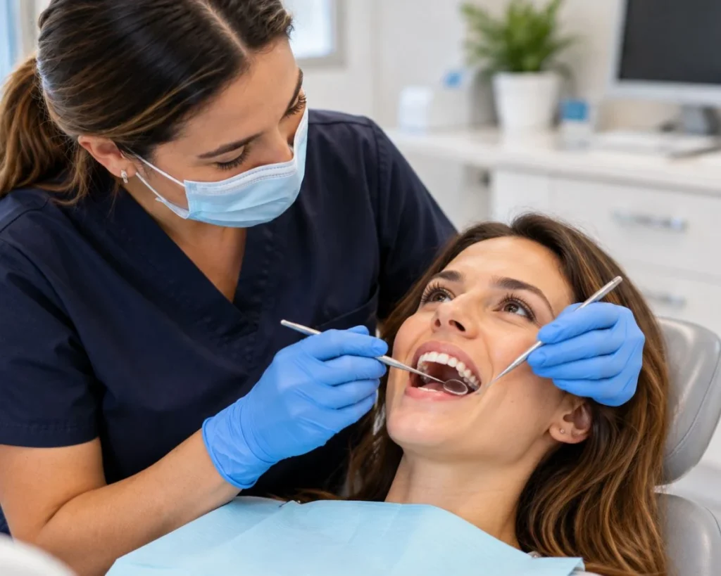 Dentista tratando a una paciente en el sillón dental