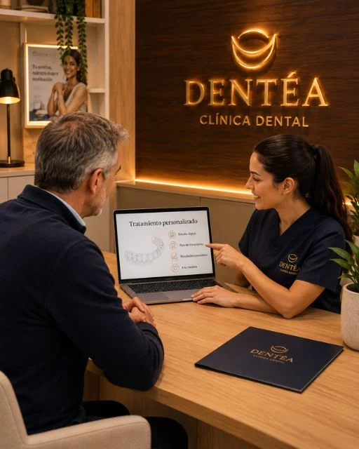 Dentista explicando un plan de tratamiento en el portátil