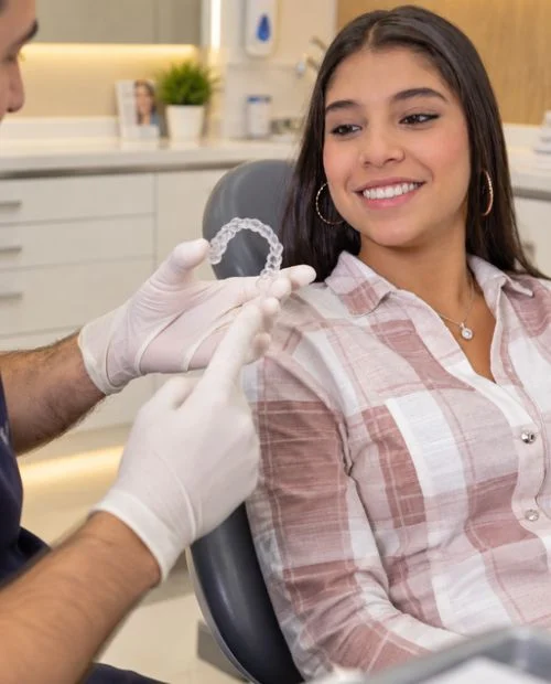 Paciente sonriendo mientras le enseñan un alineador en la consulta