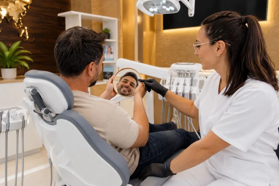 Paciente revisando su sonrisa con un espejo junto a la dentista