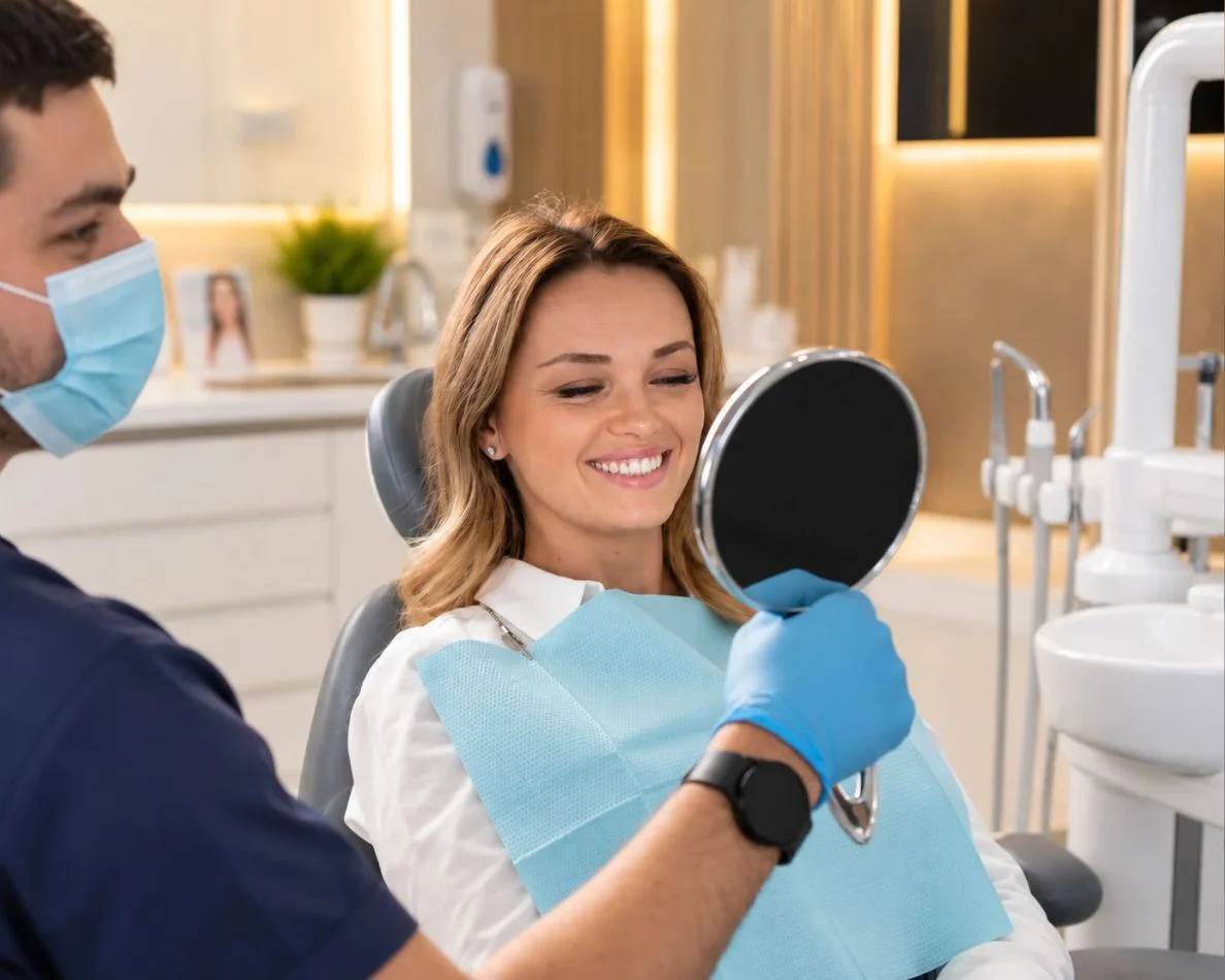 Paciente sonriendo con un espejo junto a su dentista