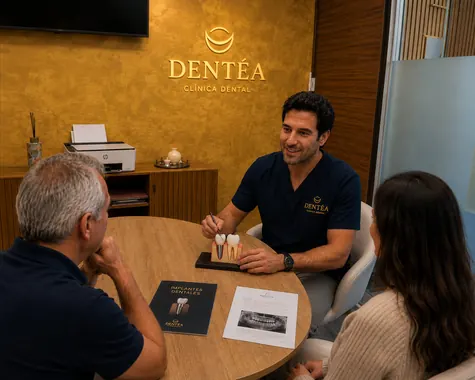 Dentista explicando un tratamiento a dos pacientes en la consulta